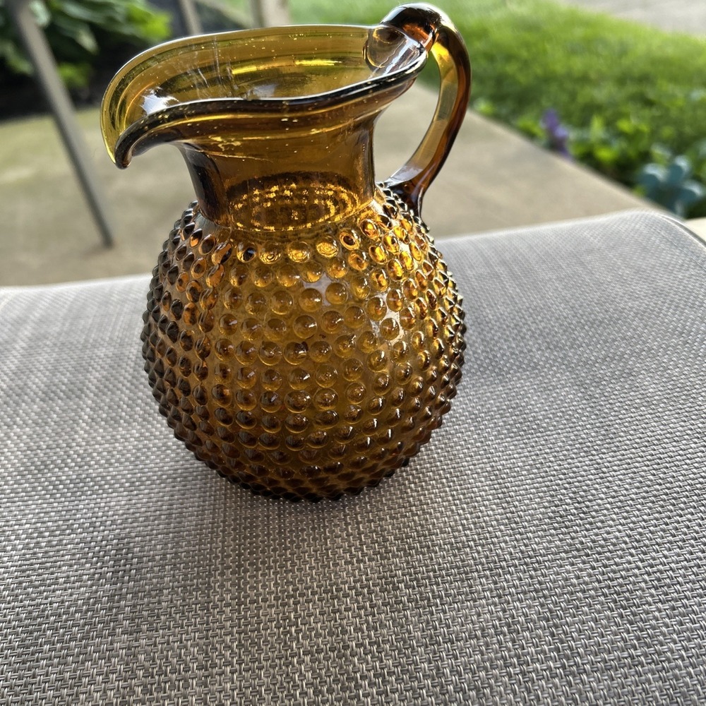Amber Hobnail Glass Pitcher Glossy Decorative Pressed Glass Handle 5.5"